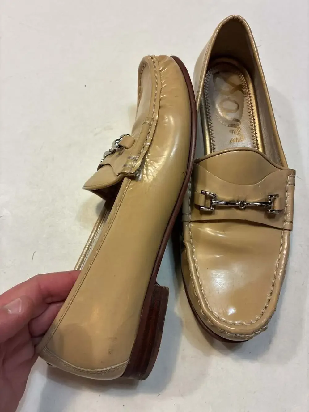 Sam Edelman Beige Patent Leather Horsebit Loafers